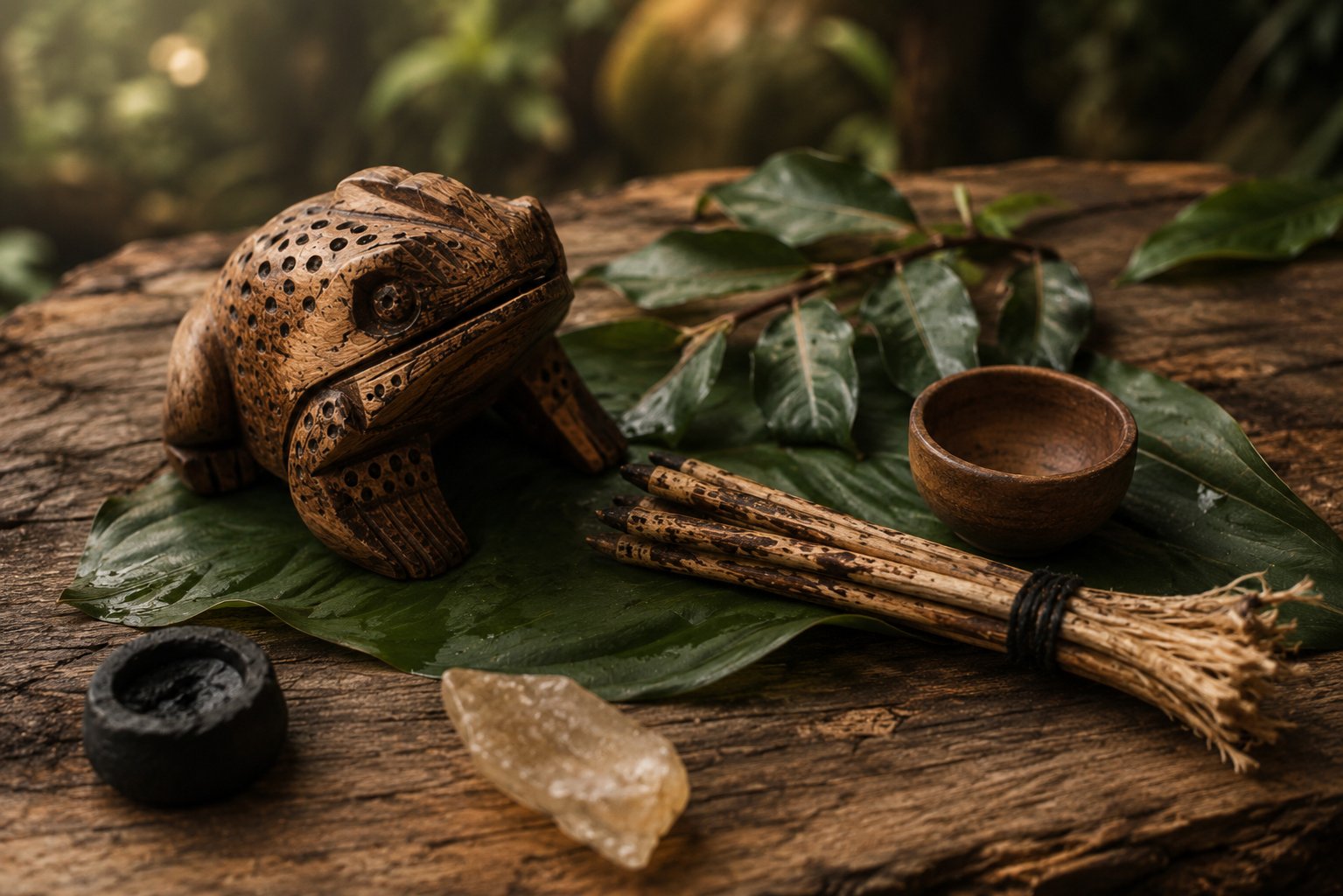 Handgesneden houten kikker, het traditionele Kambo-symbool, met gedroogde Kambo-stokjes en ceremoniespullen op een houten tafel bij Motherland